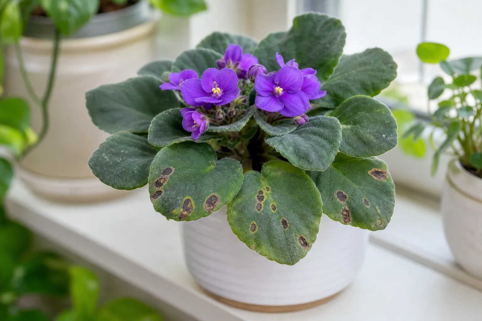 African violet leaf with discrete necrotic black spots on fuzzy green foliage — black-spot symptom triage