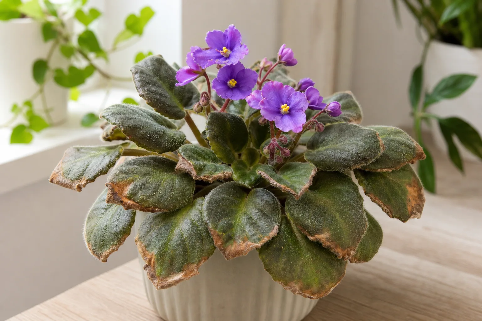 Brown tips on African violet - dry crispy tan-brown margins on velvety rosette leaves with green centers intact