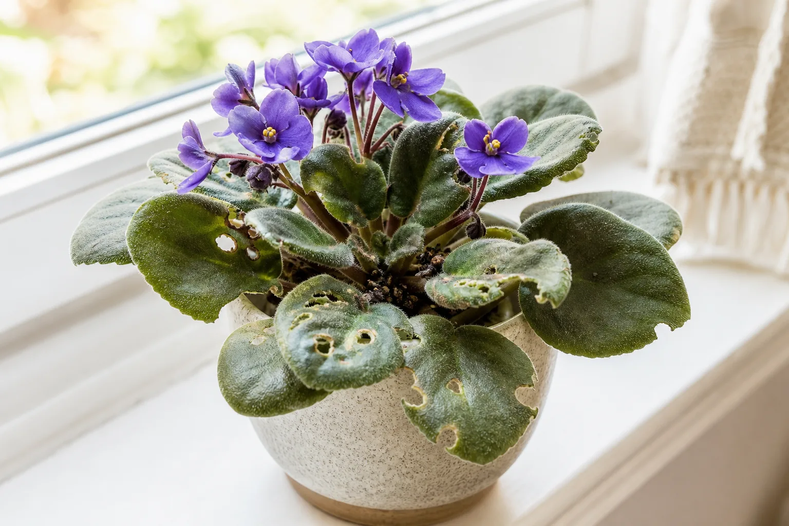 Caterpillars on African Violet - visible symptom on the plant