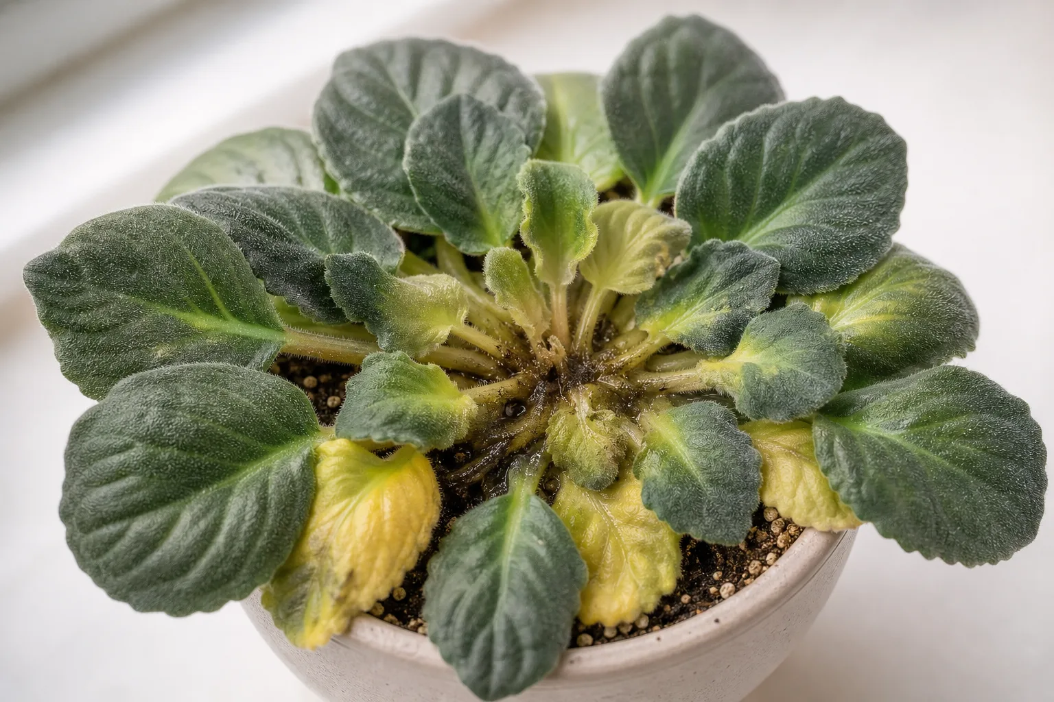 Crown rot on African Violet - limp water-soaked center leaves at the rosette heart with yellowing lower foliage