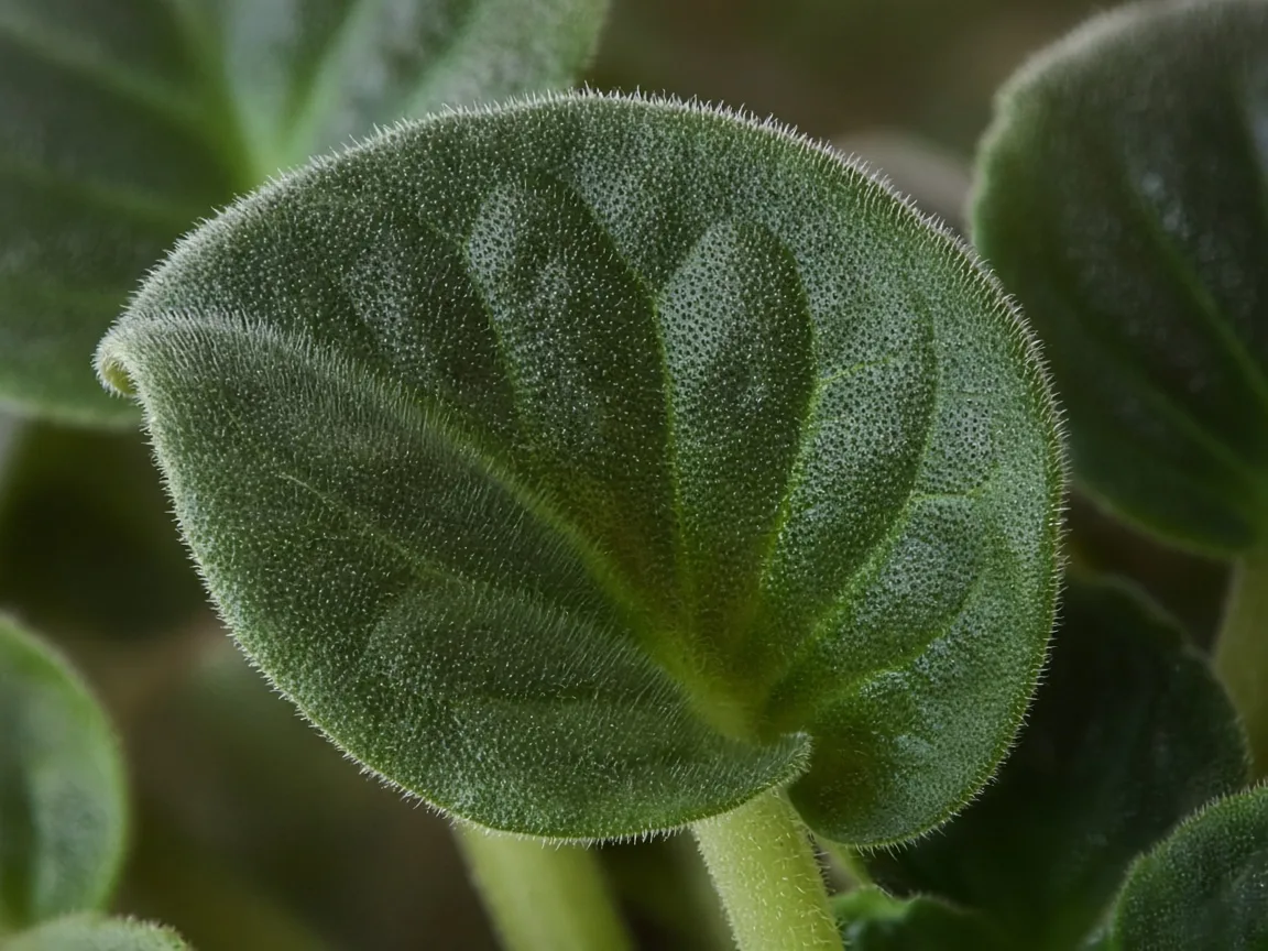 Close-up of curling leaves on African violet - diagnostic detail