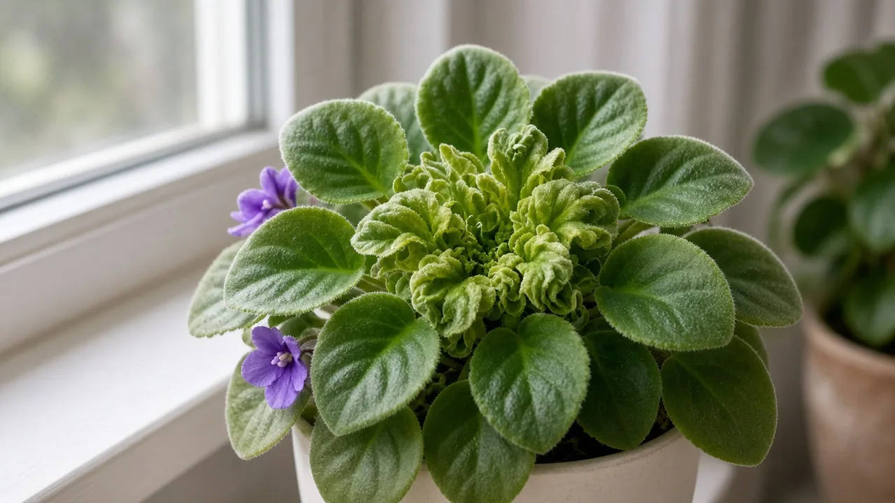 Distorted leaves on African violet - twisted bunched center growth in velvety rosette