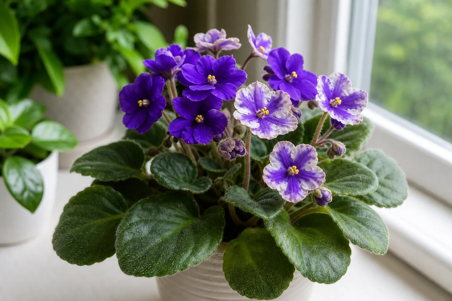 African violet example: open blooms with washed-out petal color on a flowering houseplant