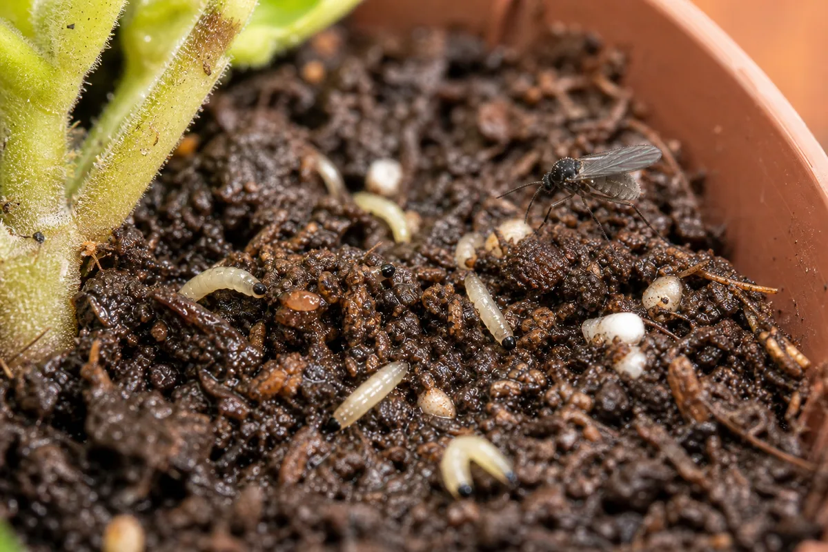 Close-up of fungus gnats on African violet - larvae and tiny flies on moist potting mix