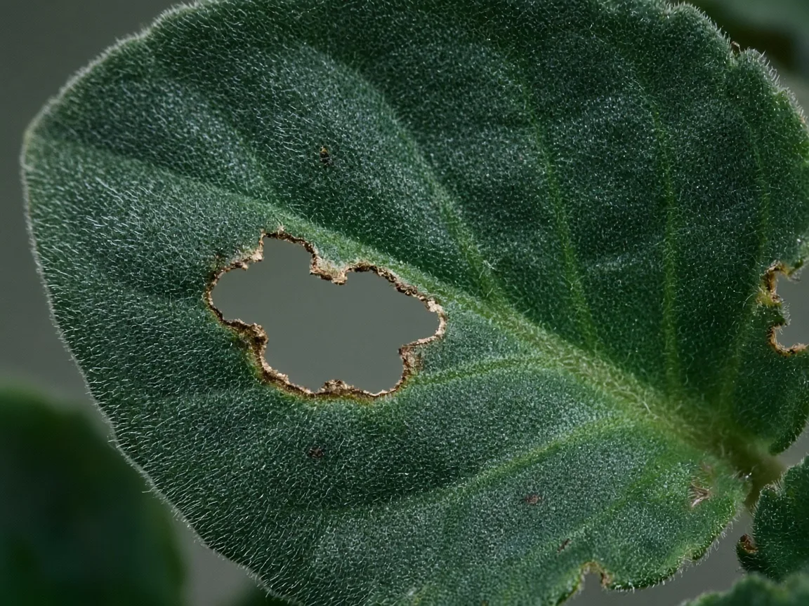 Close-up of holes in leaves on African violet - diagnostic detail