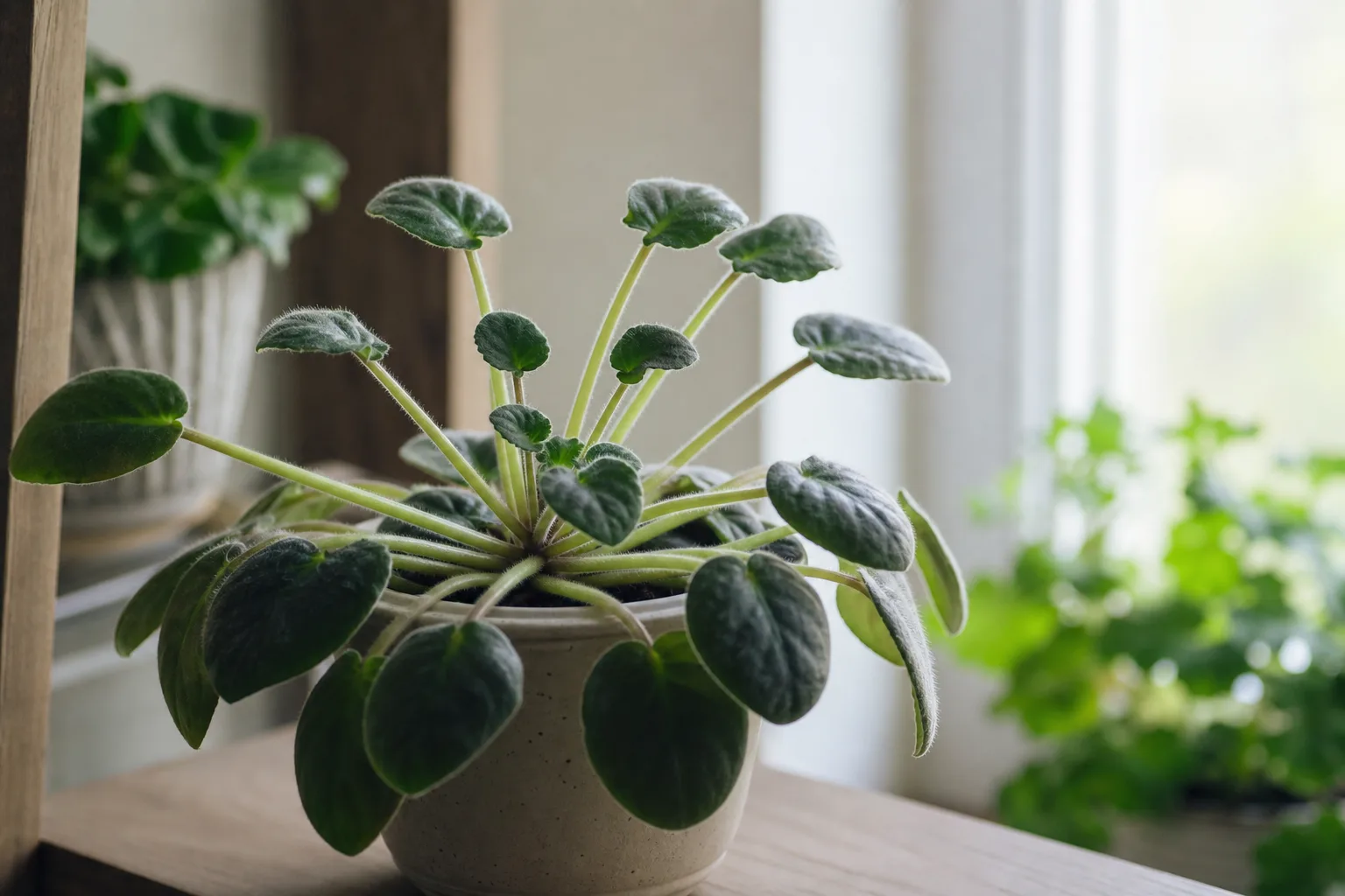 Not enough light on African Violet - dark leaves on long petioles reaching toward the window