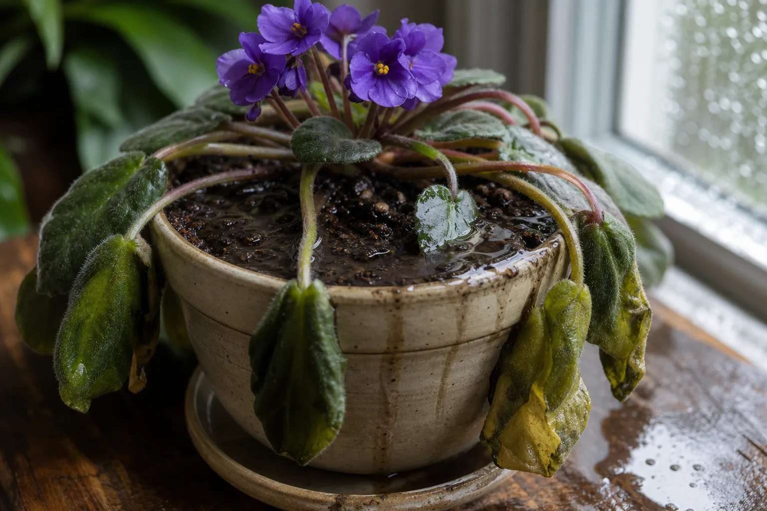 Poor Drainage on African Violet - visible symptom on the plant