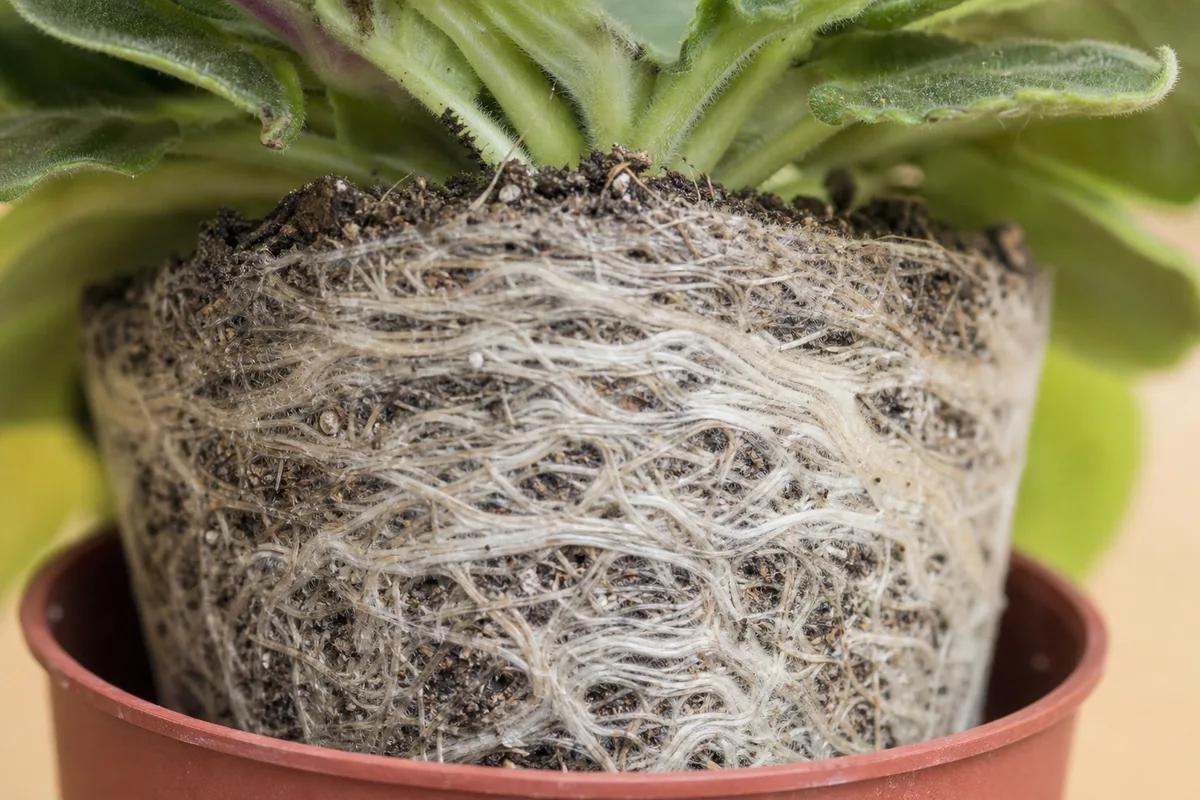 Close-up of Root Bound on African Violet - diagnostic detail