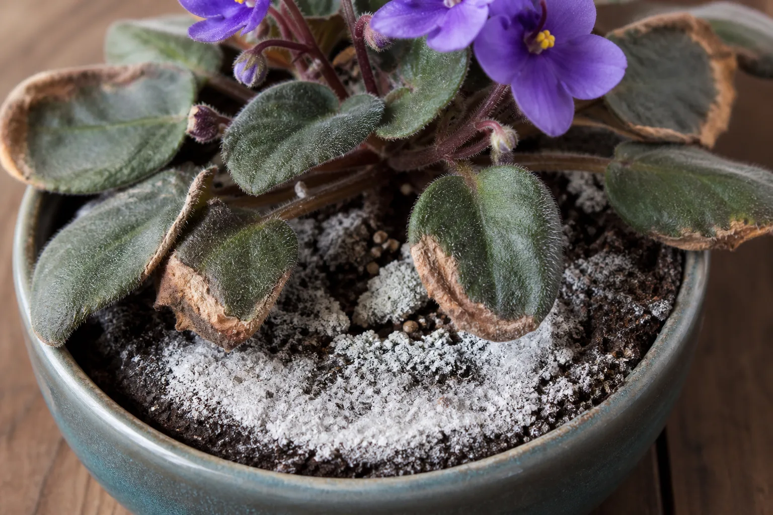 White hard-water and fertilizer salt crust on potting mix and pot rim