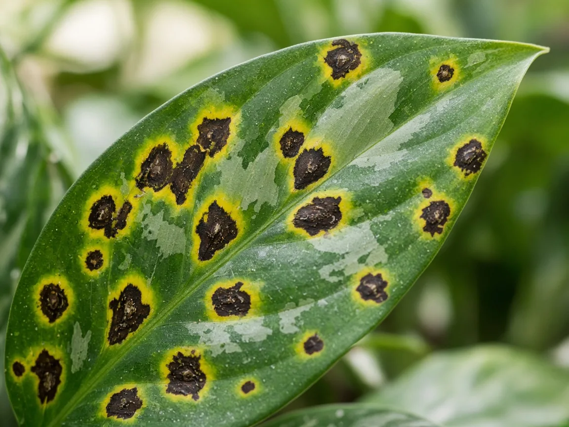 Close-up of black spots on Aglaonema - water-soaked leaf spot on variegated blade