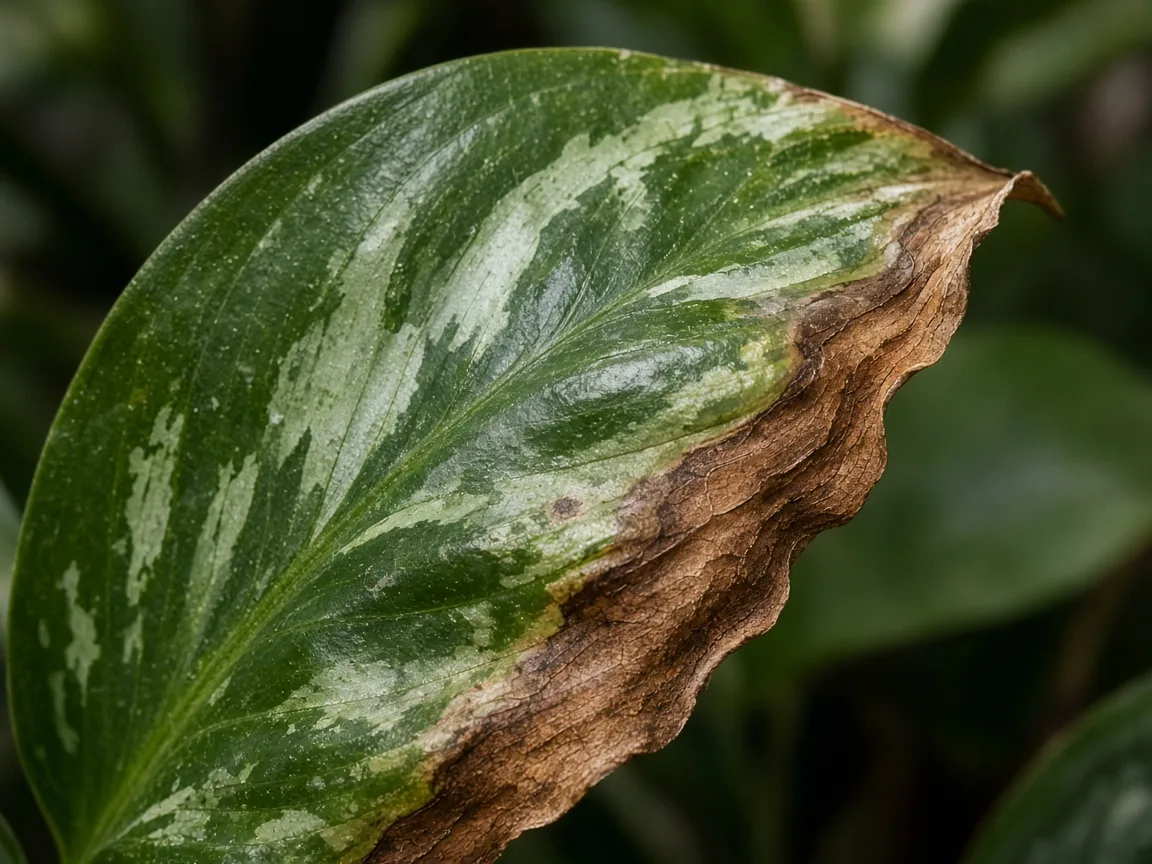 Close-up of brown leaves on Aglaonema - crispy necrotic margin on variegated blade