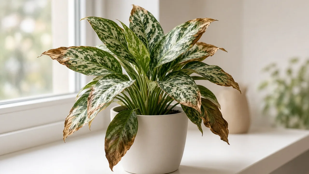 Brown Leaves on Aglaonema - necrotic margins on variegated Chinese evergreen foliage