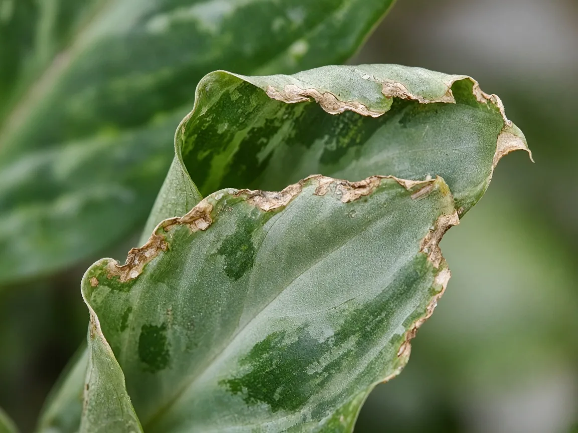 Close-up of cupped margin-burned new Aglaonema crown leaf