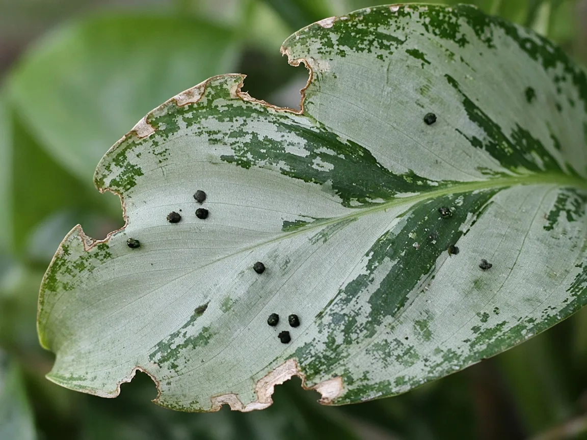 Close-up of caterpillar damage on Aglaonema - irregular chewed notches on variegated lance leaf with dark frass pellets