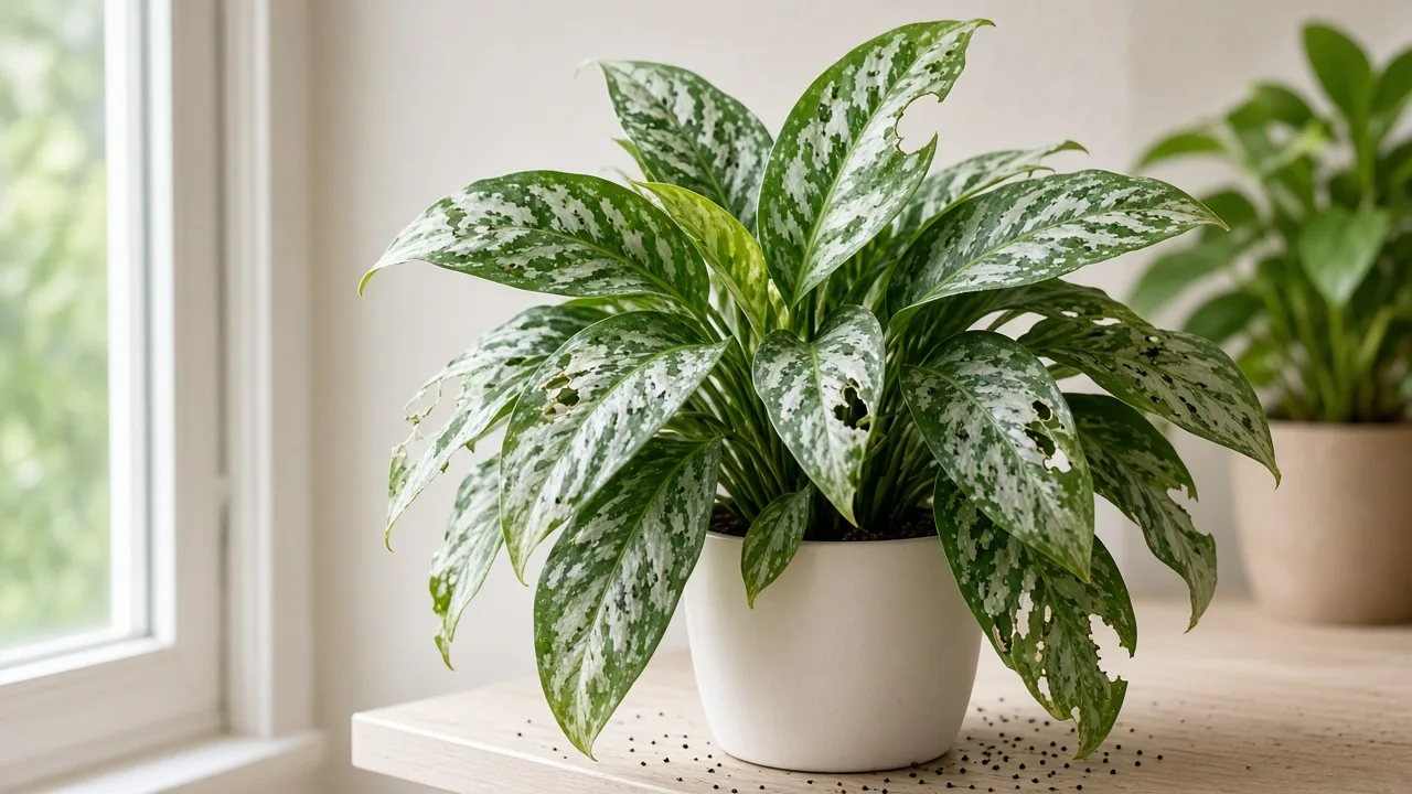 Caterpillars on Aglaonema - ragged chewed notches on lance-shaped variegated Chinese evergreen leaves with dark frass pellets