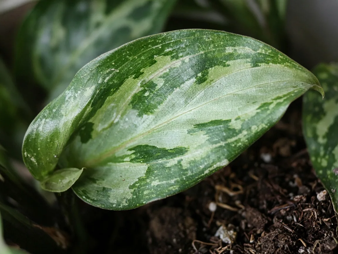 Close-up of curling leaves on Aglaonema - cupped variegated leaf surface