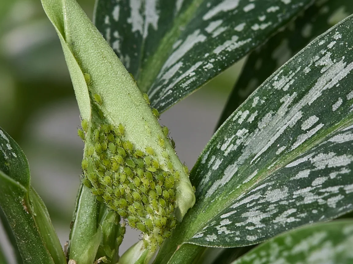 Close-up of soft green aphids clustered on a new silver-veined lance leaf at the Aglaonema Cutlass crown