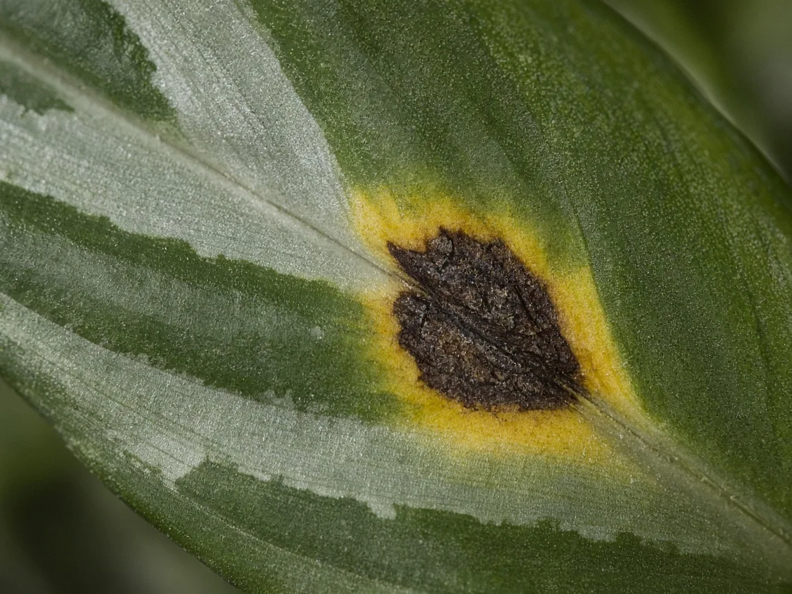 Close-up of black spot lesions on Aglaonema Cutlass ribbon leaf