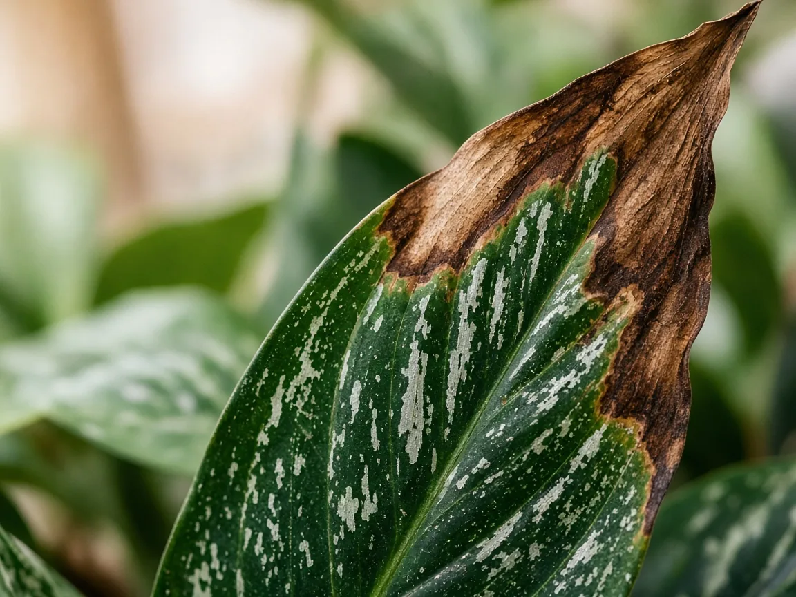 Close-up of soft brown necrosis on Cutlass lance leaf