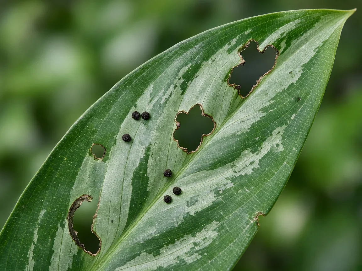 Close-up of caterpillar damage on Aglaonema Cutlass - irregular chewed notches on narrow ribbon lance leaf with dark frass pellets