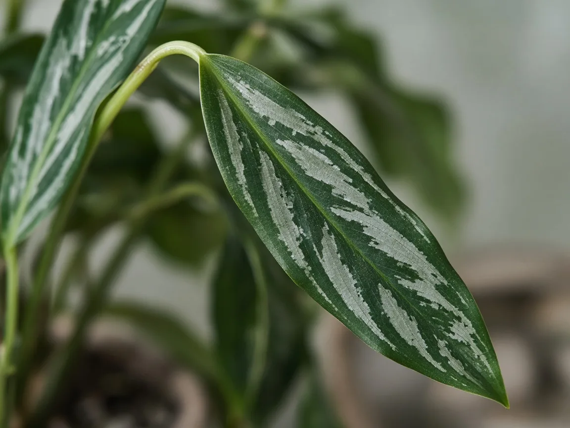 Close-up of drooping leaves on Aglaonema Cutlass - diagnostic detail