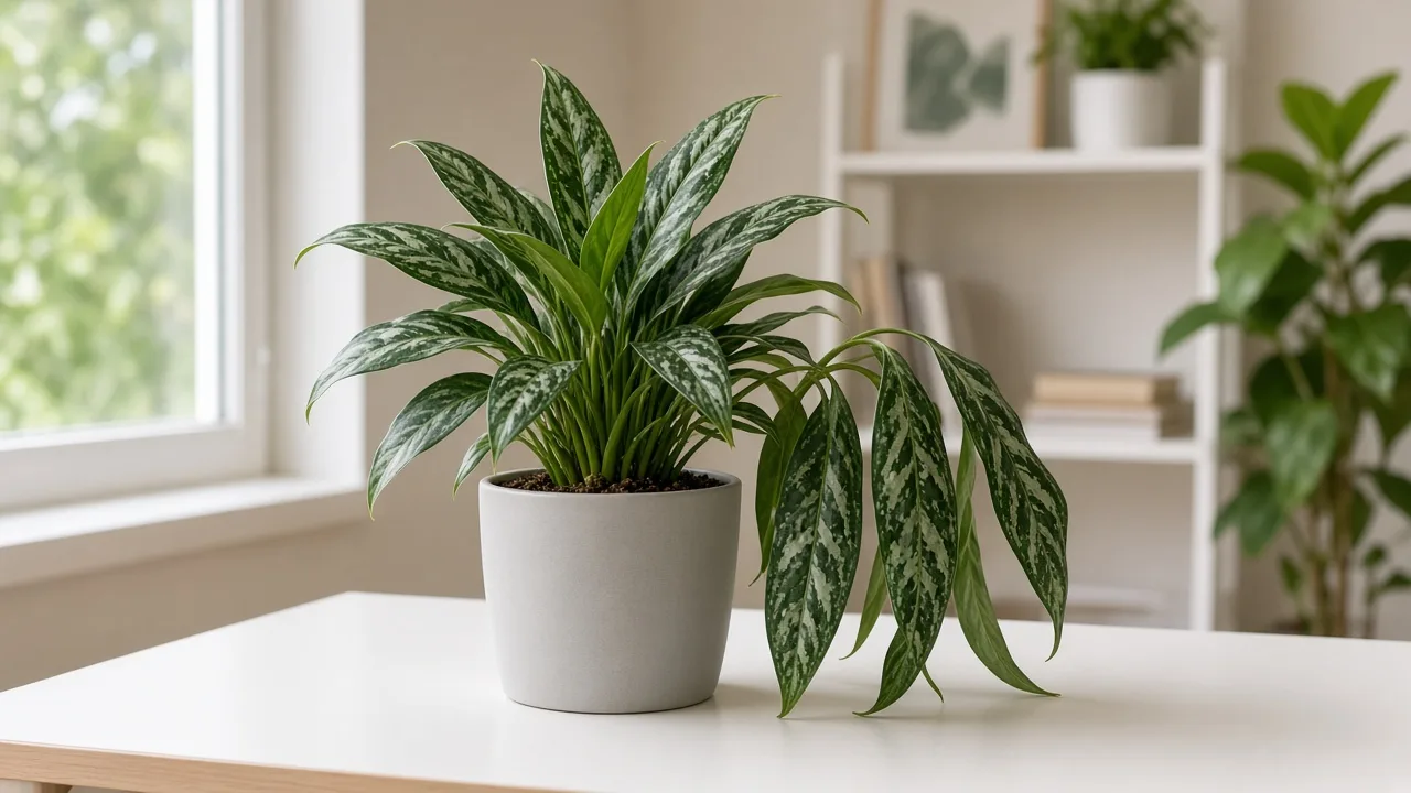 Drooping leaves on Aglaonema Cutlass - narrow ribbon foliage hanging limp on a compact Chinese evergreen