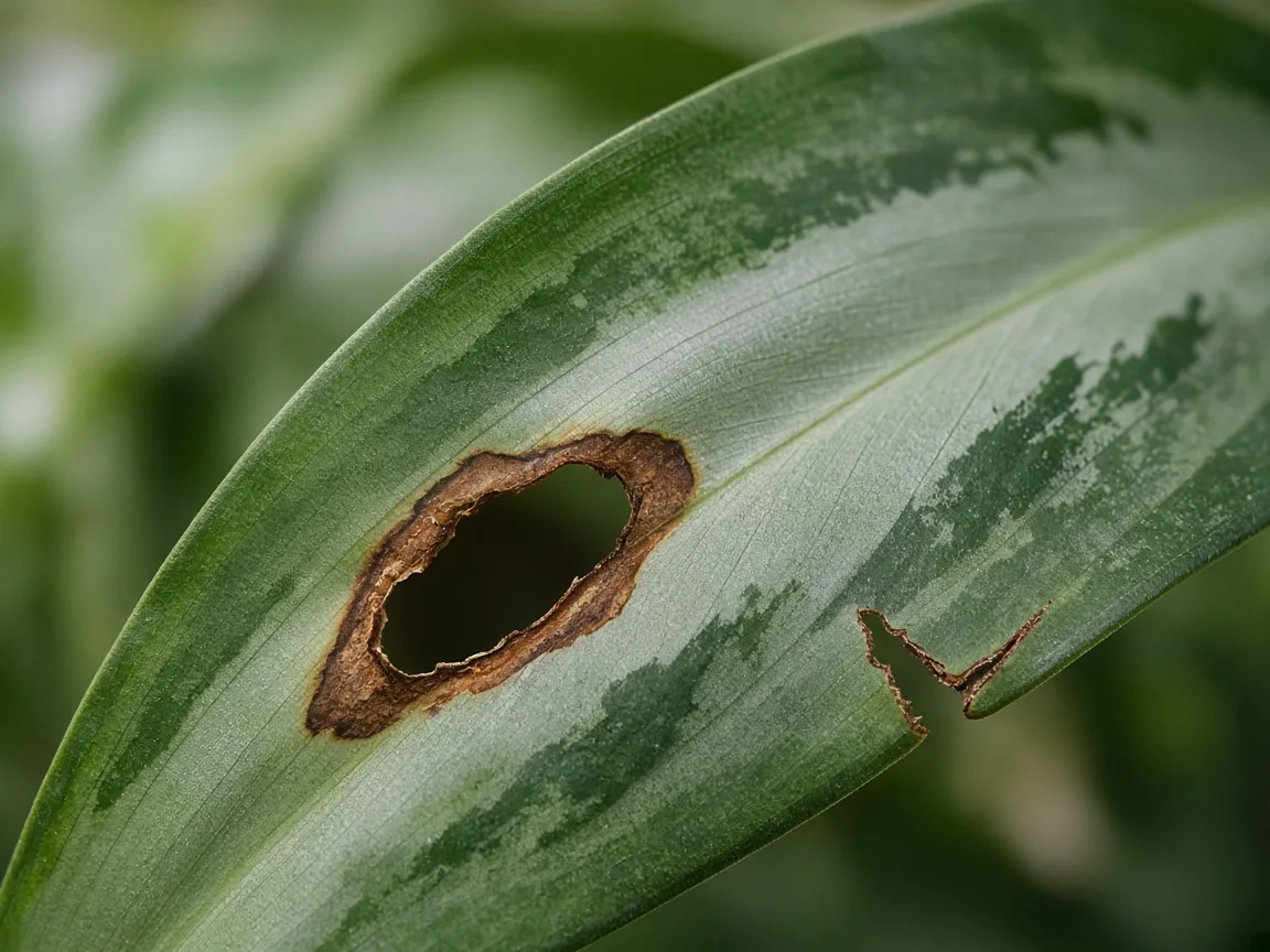 Close-up of hole with brown rim on Aglaonema Cutlass lance leaf