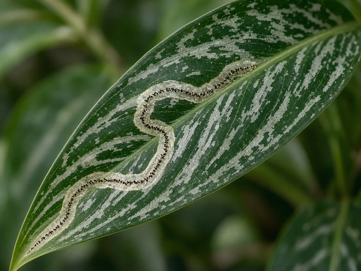 Close-up of a pale serpentine leaf miner tunnel inside a narrow Aglaonema Cutlass ribbon lance leaf with silver veining