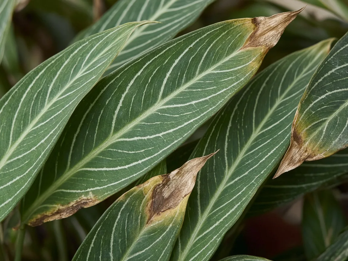 Close-up of low humidity on Aglaonema Cutlass - papery brown lance tips
