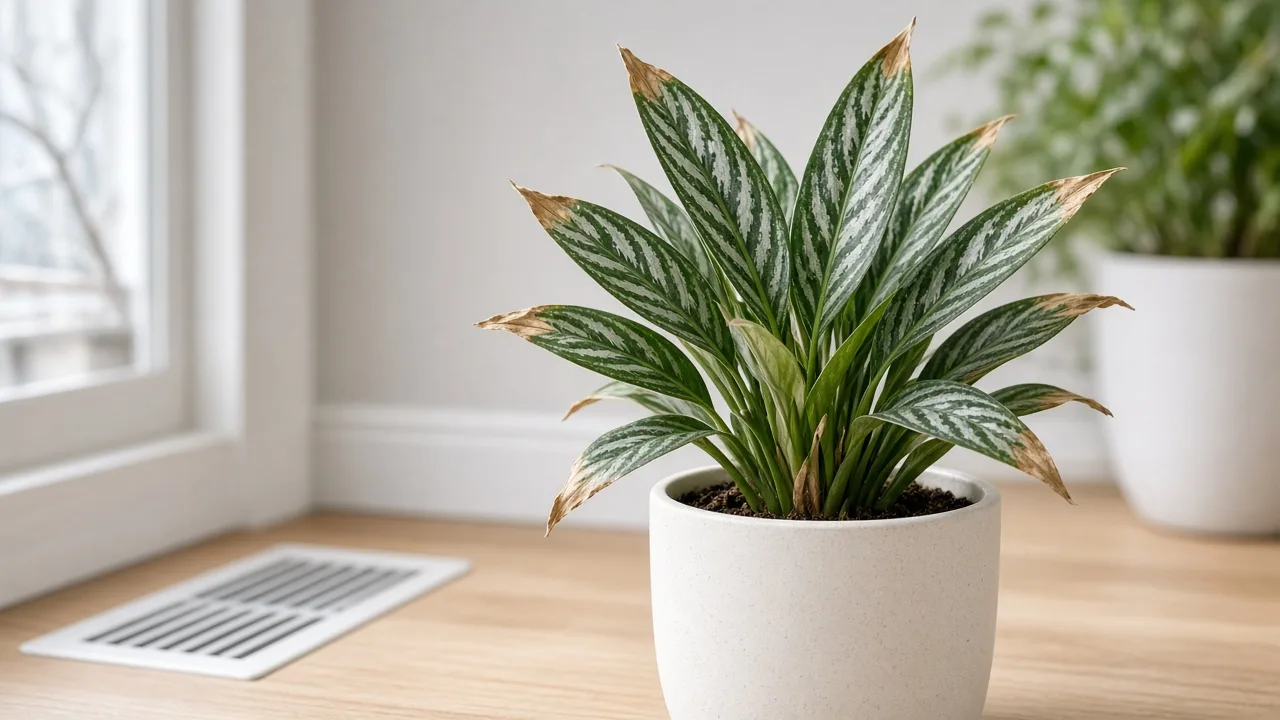 Low humidity on Aglaonema Cutlass - papery brown tips on narrow ribbon lance leaves beside a winter heating vent