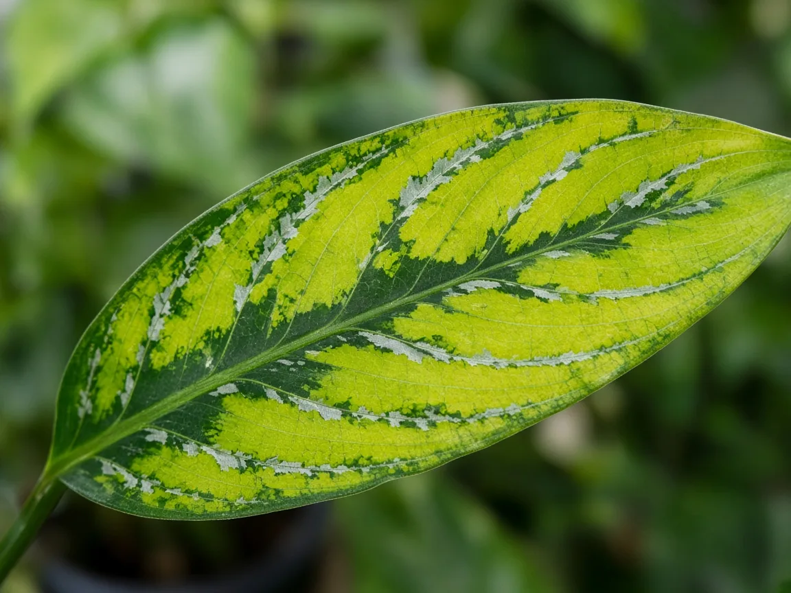 Close-up of interveinal chlorosis on older Cutlass lance leaf
