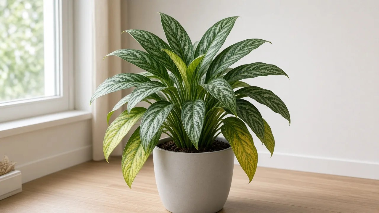Magnesium deficiency on Aglaonema Cutlass - yellow between green veins on older lower lance leaves