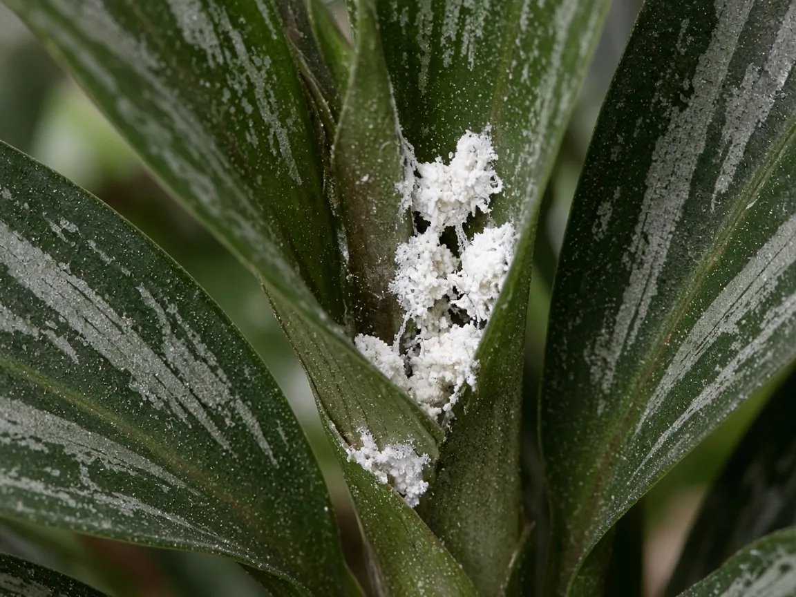 Close-up of white cottony mealybug clusters nestled in an Aglaonema Cutlass crown axil between narrow lance leaves