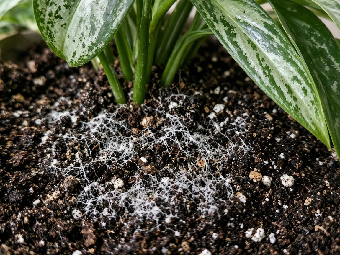 Close-up of mold on soil on Aglaonema Cutlass - white fuzzy threads on damp peat at the base of narrow leaves