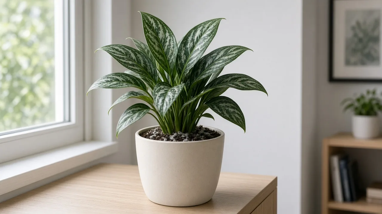 Mold on soil on Aglaonema Cutlass - white fuzzy growth on damp peat at the base of narrow silver-veined ribbon leaves