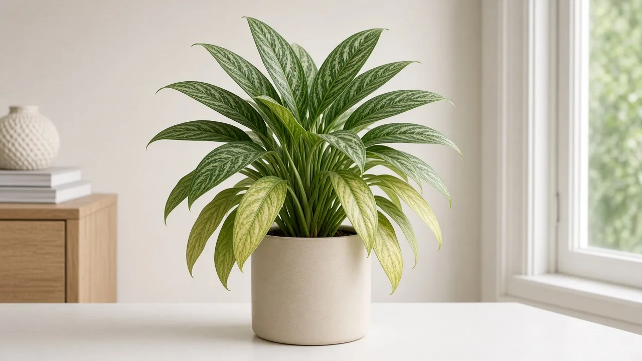 Nitrogen deficiency on Aglaonema Cutlass - pale oldest lower lance leaves on a ribbon Chinese evergreen clump