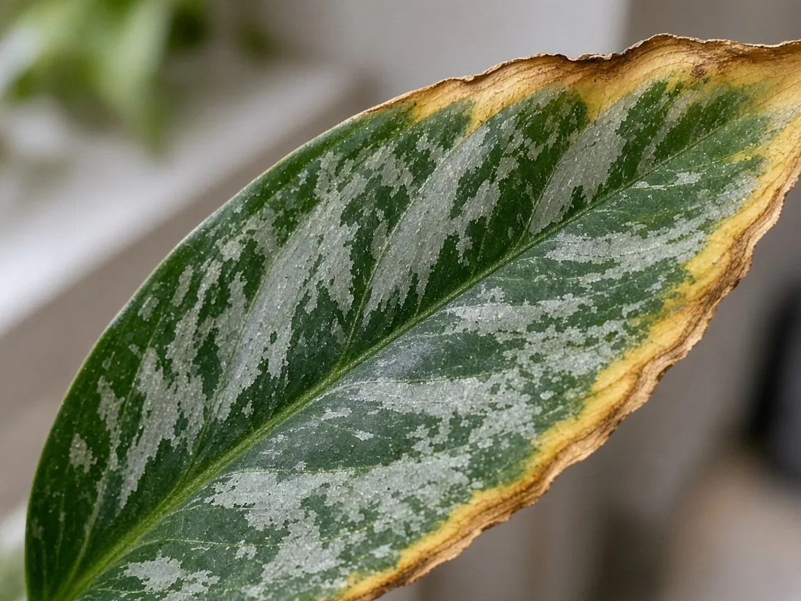 Close-up of yellow-tan scorch along the outer margin of an older Aglaonema Cutlass lance leaf with silver veining still visible in the green interior tissue