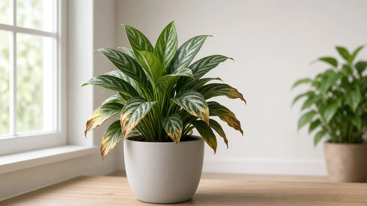 Potassium deficiency on Aglaonema Cutlass - scorched margins on older lower lance leaves