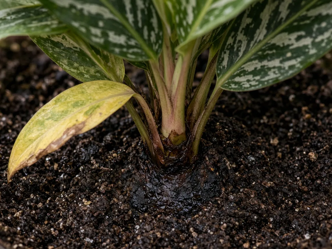 Close-up of root rot on Aglaonema Cutlass — soft dark crown tissue and yellowing lower ribbon leaf