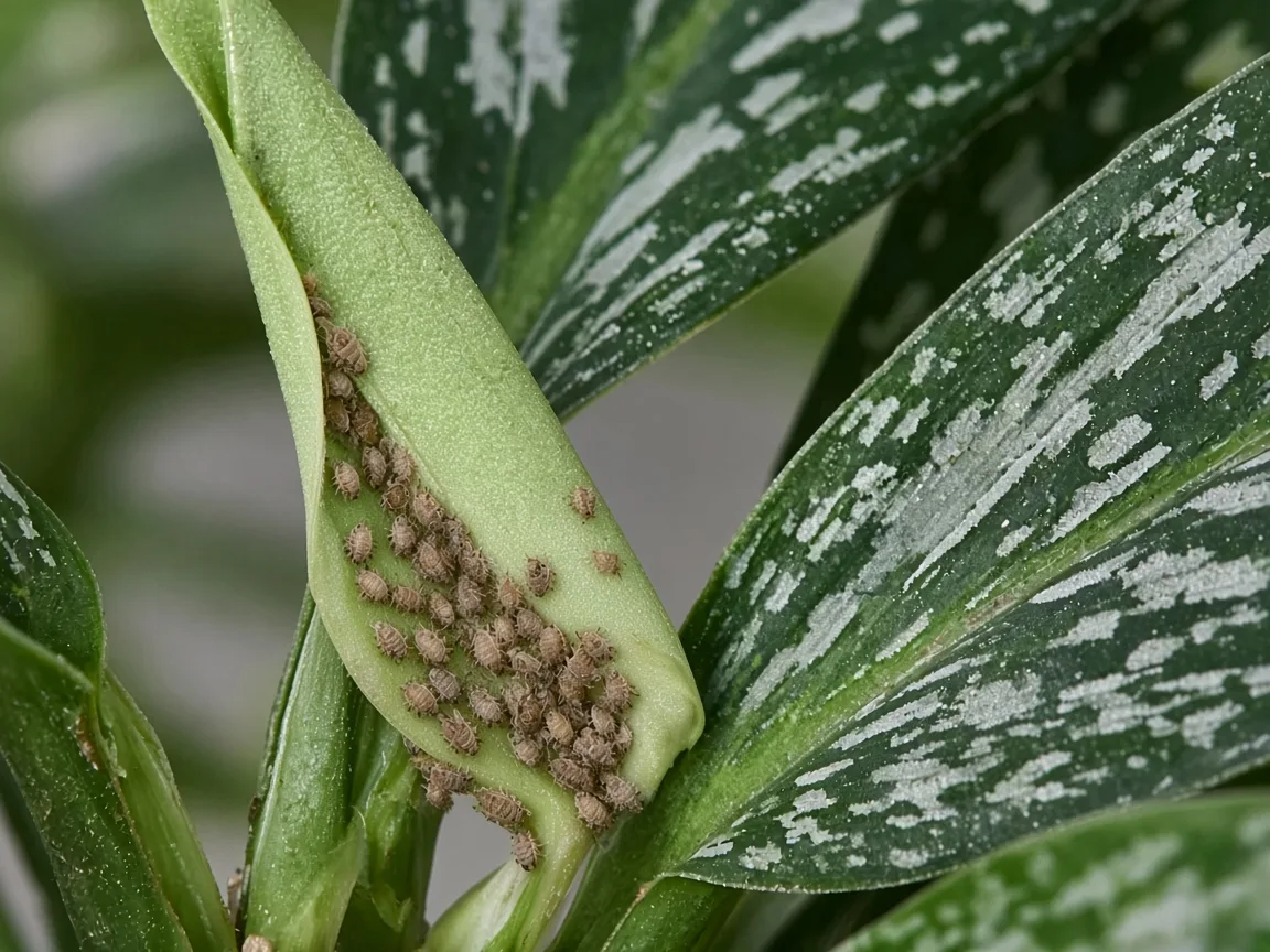 Close-up of tan scale insect bumps along the petiole base of a narrow silver-veined Aglaonema Cutlass lance leaf