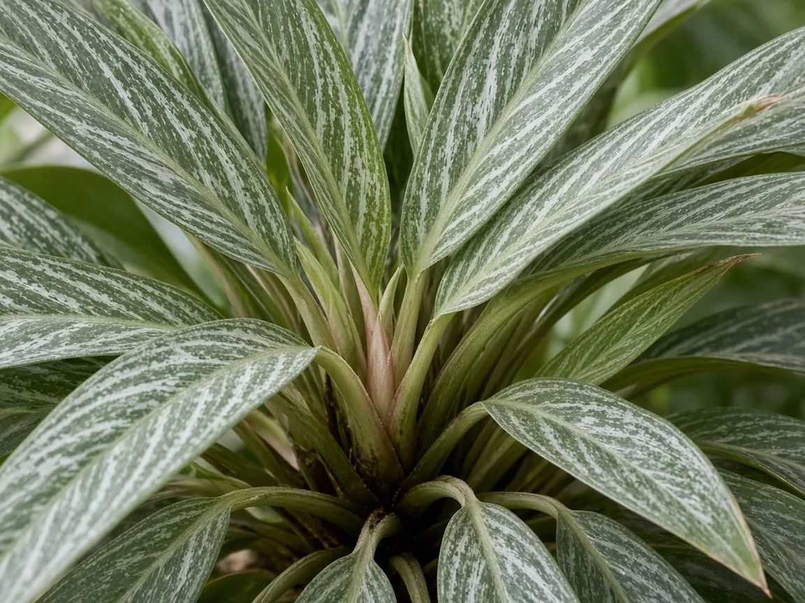 Close-up of Aglaonema Cutlass crown center with tight lance leaf spacing and no fresh narrow blade emerging