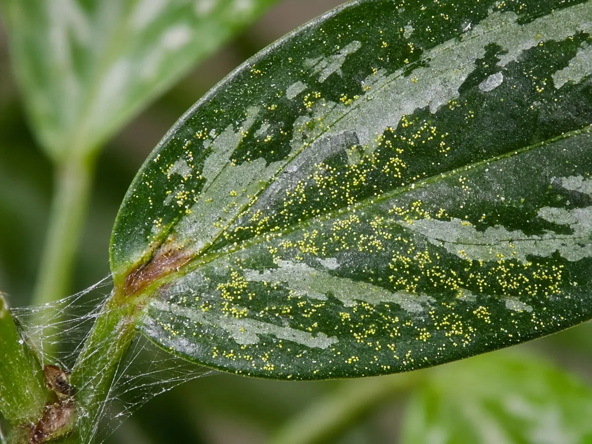 Close-up of fine yellow stippling and delicate webbing along a silver-veined lance leaf underside on Aglaonema Cutlass