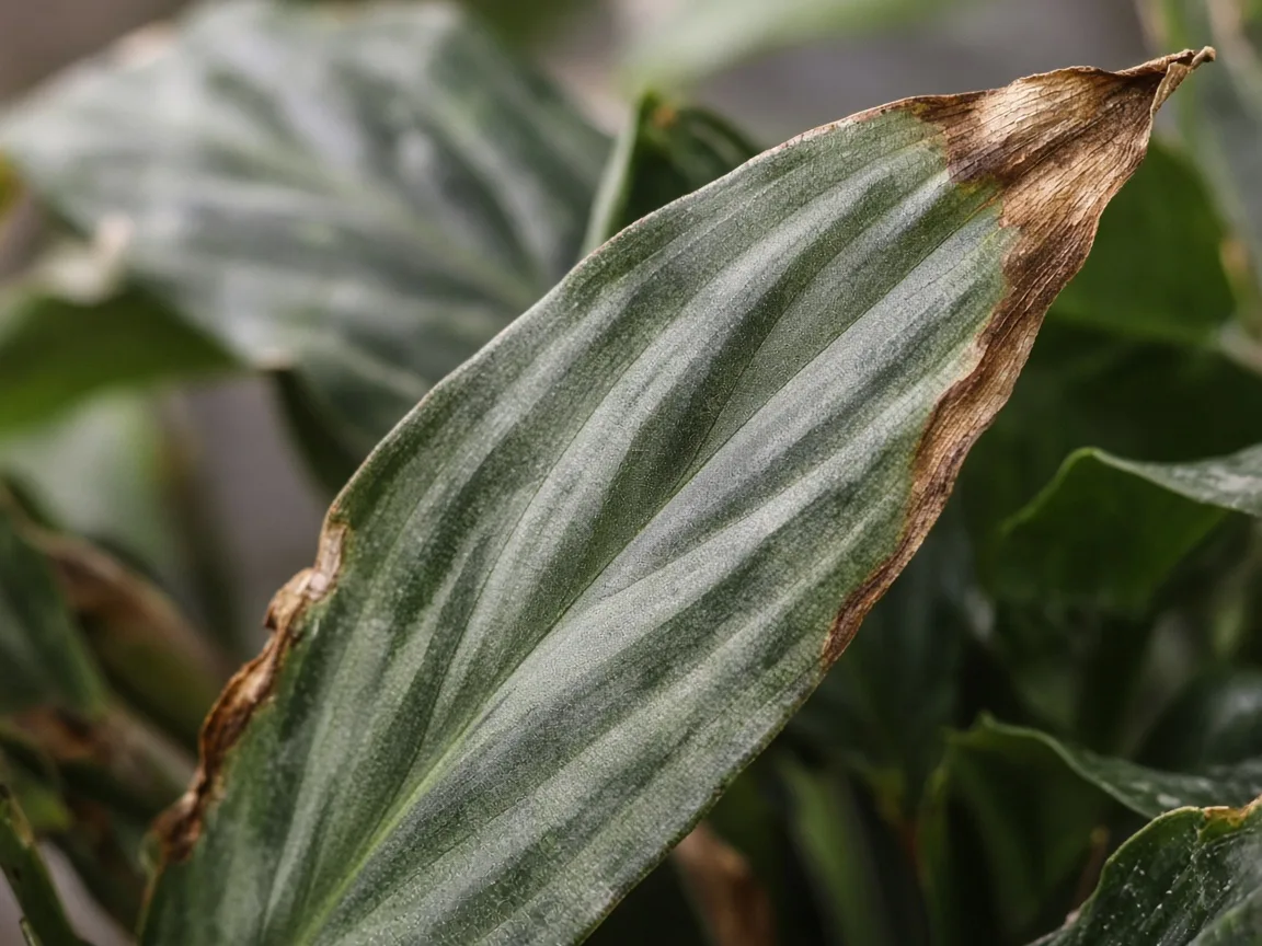 Close-up of crisp brown tips and curled narrow ribbon leaves on Aglaonema Cutlass