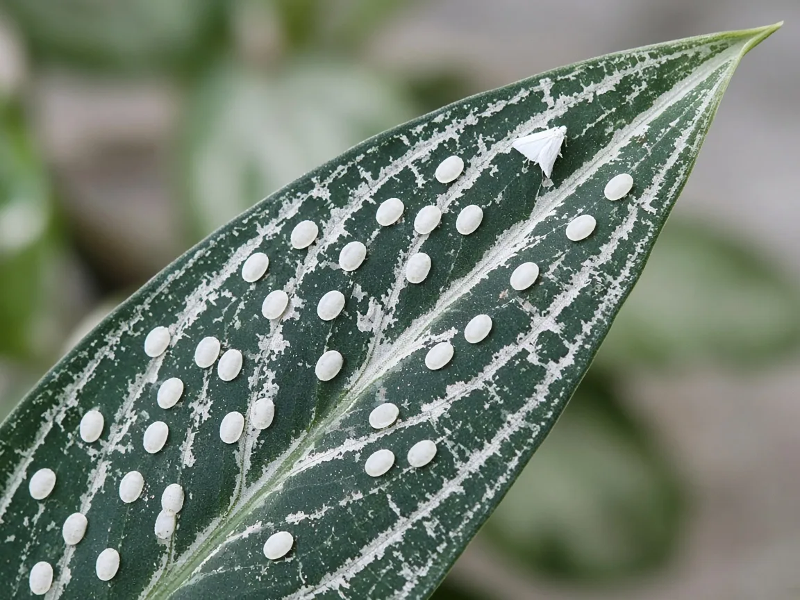 Close-up of whitefly nymph disks on the underside of a narrow silver-veined Aglaonema Cutlass lance leaf