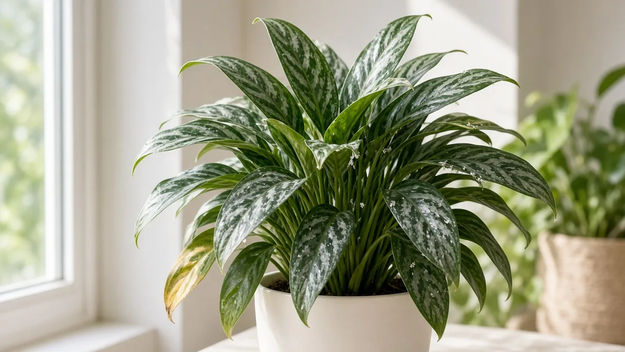Whiteflies on Aglaonema Cutlass - tiny white insects on narrow lance leaf undersides