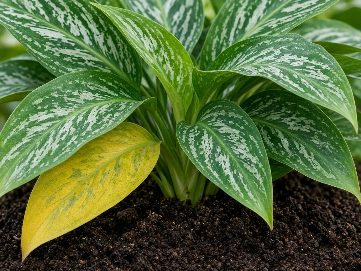 Close-up of yellow lower ribbon lance leaf with dull silver veining on Aglaonema Cutlass