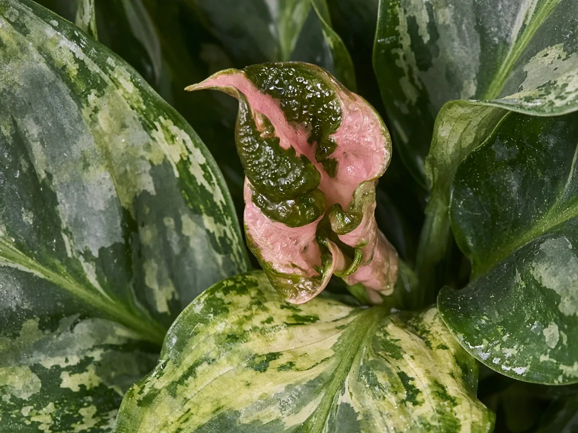Close-up of distorted leaves on Aglaonema - puckered variegated leaf