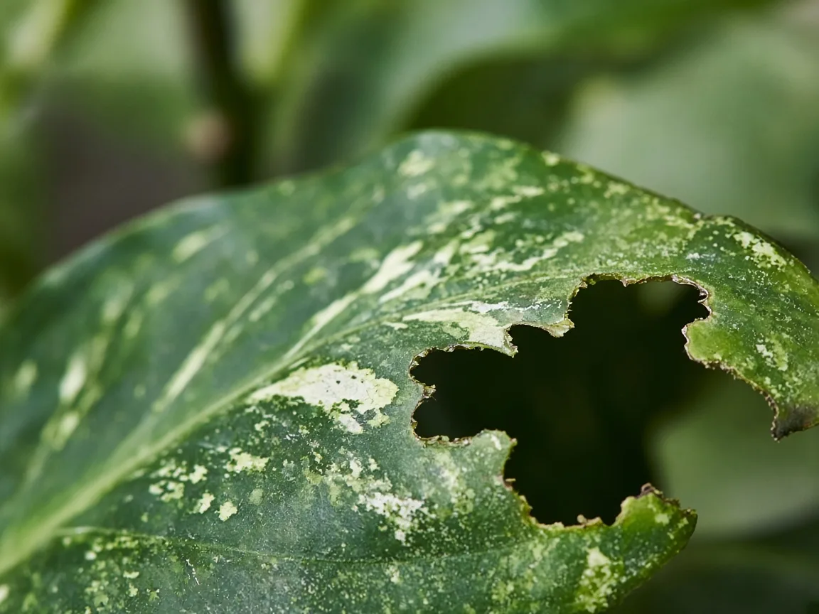 Close-up of holes in leaves on Aglaonema - chewed margin on variegated leaf