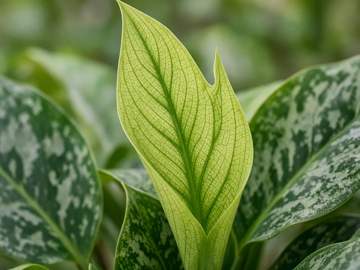 Close-up of interveinal chlorosis on new Aglaonema crown leaf