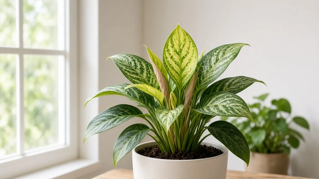 Iron deficiency on Aglaonema - pale new lance-shaped leaf with green veins at the crown flush